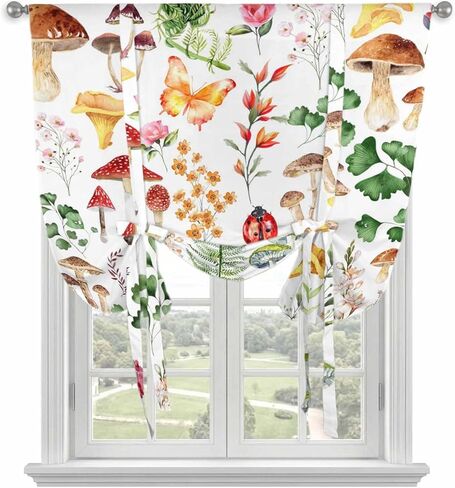 Mushrooms Ferns Tie Up Curtains for Window, Watercolor Forest Floral Botanical Spring Thermal Balloon Shade Adjustable Rod Pocket Curtains Valance Panels for Kitchen Bathroom Café 52'' x 63'' in Saudi Arabia