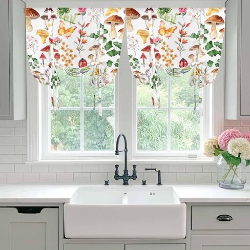 Mushrooms Ferns Tie Up Curtains for Window, Watercolor Forest Floral Botanical Spring Thermal Balloon Shade Adjustable Rod Pocket Curtains Valance Panels for Kitchen Bathroom Café 52'' x 63'' in Saudi Arabia