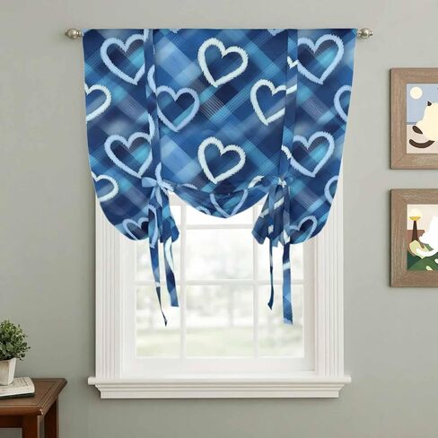 Valentine's Day Tie Up Curtains for Window, Love Heart Blue Cowboy Buffalo Plaid Thermal Insulated Balloon Shade Adjustable Rod Pocket Curtains Valance Panels for Kitchen Bathroom Café 42'' x 54'' in Saudi Arabia