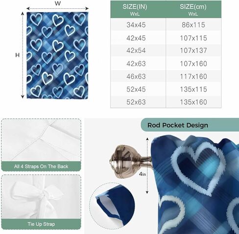 Valentine's Day Tie Up Curtains for Window, Love Heart Blue Cowboy Buffalo Plaid Thermal Insulated Balloon Shade Adjustable Rod Pocket Curtains Valance Panels for Kitchen Bathroom Café 42'' x 54'' in Saudi Arabia