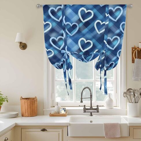 Valentine's Day Tie Up Curtains for Window, Love Heart Blue Cowboy Buffalo Plaid Thermal Insulated Balloon Shade Adjustable Rod Pocket Curtains Valance Panels for Kitchen Bathroom Café 42'' x 54'' in Saudi Arabia