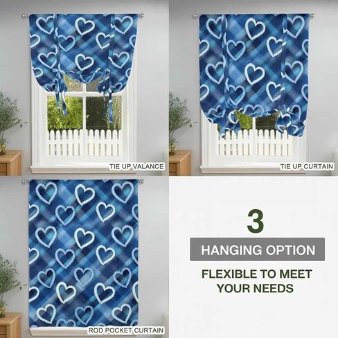 Valentine's Day Tie Up Curtains for Window, Love Heart Blue Cowboy Buffalo Plaid Thermal Insulated Balloon Shade Adjustable Rod Pocket Curtains Valance Panels for Kitchen Bathroom Café 42'' x 54'' in Saudi Arabia
