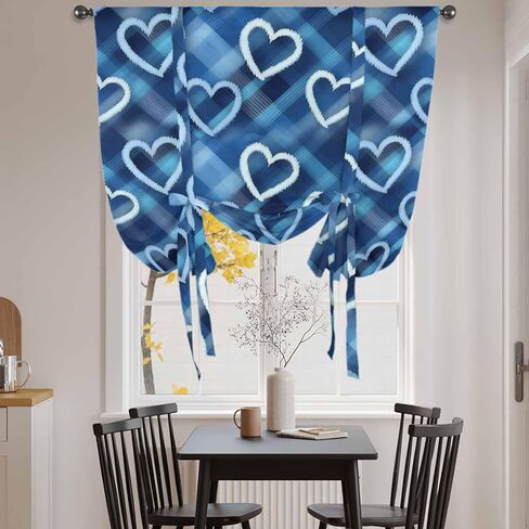 Valentine's Day Tie Up Curtains for Window, Love Heart Blue Cowboy Buffalo Plaid Thermal Insulated Balloon Shade Adjustable Rod Pocket Curtains Valance Panels for Kitchen Bathroom Café 42'' x 54'' in Saudi Arabia