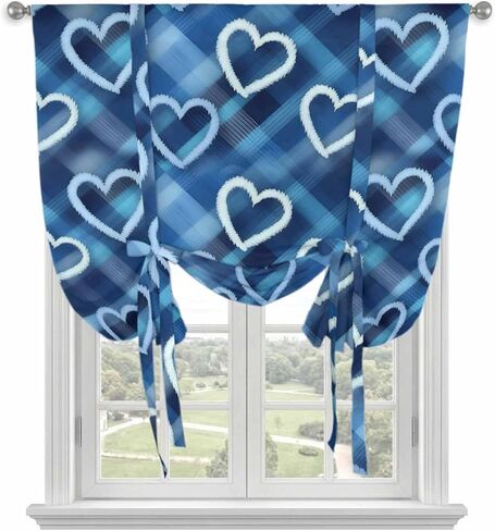 Valentine's Day Tie Up Curtains for Window, Love Heart Blue Cowboy Buffalo Plaid Thermal Insulated Balloon Shade Adjustable Rod Pocket Curtains Valance Panels for Kitchen Bathroom Café 42'' x 54'' in Saudi Arabia