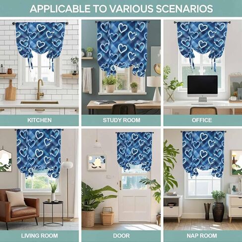 Valentine's Day Tie Up Curtains for Window, Love Heart Blue Cowboy Buffalo Plaid Thermal Insulated Balloon Shade Adjustable Rod Pocket Curtains Valance Panels for Kitchen Bathroom Café 42'' x 54'' in Saudi Arabia