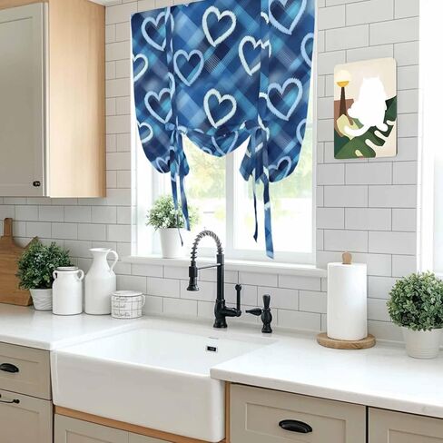 Valentine's Day Tie Up Curtains for Window, Love Heart Blue Cowboy Buffalo Plaid Thermal Insulated Balloon Shade Adjustable Rod Pocket Curtains Valance Panels for Kitchen Bathroom Café 42'' x 54'' in Saudi Arabia