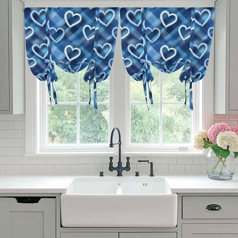 Valentine's Day Tie Up Curtains for Window, Love Heart Blue Cowboy Buffalo Plaid Thermal Insulated Balloon Shade Adjustable Rod Pocket Curtains Valance Panels for Kitchen Bathroom Café 42'' x 54'' in Saudi Arabia