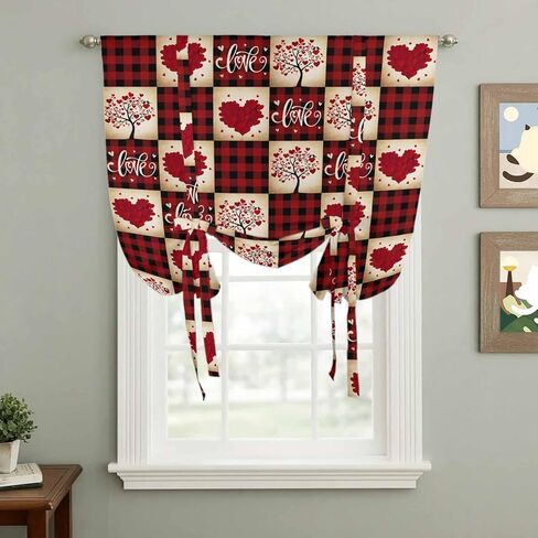 Red Plaid Valentine's Day Tie Up Curtains for Window, Checkered Farmhouse Valentines Thermal Insulated Balloon Shade Adjustable Rod Pocket Curtains Valance Panels for Kitchen Bathroom Café 34'' x 45'' in Saudi Arabia