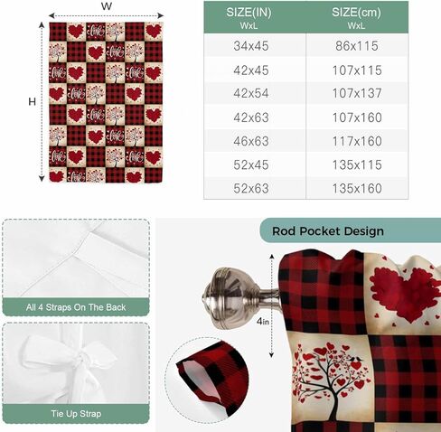 Red Plaid Valentine's Day Tie Up Curtains for Window, Checkered Farmhouse Valentines Thermal Insulated Balloon Shade Adjustable Rod Pocket Curtains Valance Panels for Kitchen Bathroom Café 34'' x 45'' in Saudi Arabia