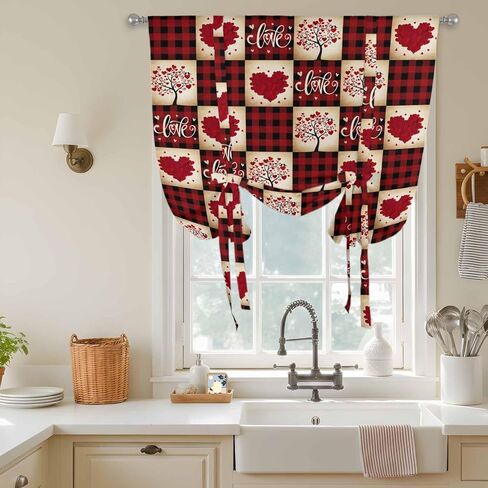 Red Plaid Valentine's Day Tie Up Curtains for Window, Checkered Farmhouse Valentines Thermal Insulated Balloon Shade Adjustable Rod Pocket Curtains Valance Panels for Kitchen Bathroom Café 34'' x 45'' in Saudi Arabia