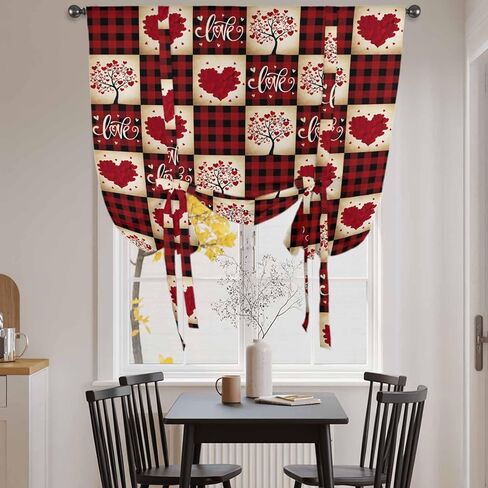 Red Plaid Valentine's Day Tie Up Curtains for Window, Checkered Farmhouse Valentines Thermal Insulated Balloon Shade Adjustable Rod Pocket Curtains Valance Panels for Kitchen Bathroom Café 34'' x 45'' in Saudi Arabia