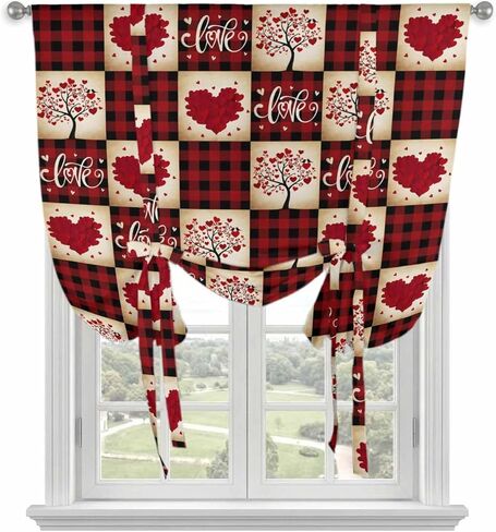 Red Plaid Valentine's Day Tie Up Curtains for Window, Checkered Farmhouse Valentines Thermal Insulated Balloon Shade Adjustable Rod Pocket Curtains Valance Panels for Kitchen Bathroom Café 34'' x 45'' in Saudi Arabia