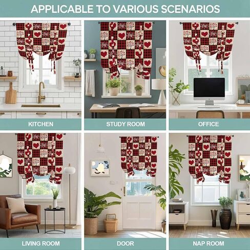 Red Plaid Valentine's Day Tie Up Curtains for Window, Checkered Farmhouse Valentines Thermal Insulated Balloon Shade Adjustable Rod Pocket Curtains Valance Panels for Kitchen Bathroom Café 34'' x 45'' in Saudi Arabia