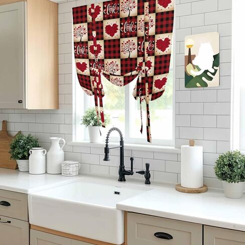 Red Plaid Valentine's Day Tie Up Curtains for Window, Checkered Farmhouse Valentines Thermal Insulated Balloon Shade Adjustable Rod Pocket Curtains Valance Panels for Kitchen Bathroom Café 34'' x 45'' in Saudi Arabia