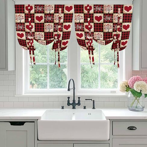 Red Plaid Valentine's Day Tie Up Curtains for Window, Checkered Farmhouse Valentines Thermal Insulated Balloon Shade Adjustable Rod Pocket Curtains Valance Panels for Kitchen Bathroom Café 34'' x 45'' in Saudi Arabia