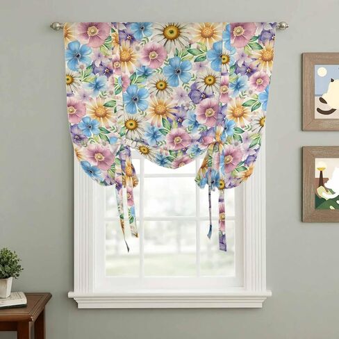 Spring Flowers Tie Up Curtains for Window, Watercolor Floral Daisy Plants Country Thermal Insulated Balloon Shade Adjustable Rod Pocket Curtains Valance Panels for Kitchen Bathroom Café 52'' x 63'' in Saudi Arabia