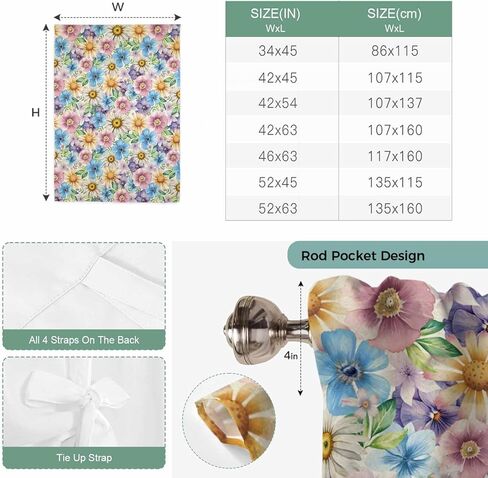 Spring Flowers Tie Up Curtains for Window, Watercolor Floral Daisy Plants Country Thermal Insulated Balloon Shade Adjustable Rod Pocket Curtains Valance Panels for Kitchen Bathroom Café 52'' x 63'' in Saudi Arabia