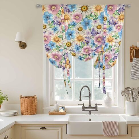 Spring Flowers Tie Up Curtains for Window, Watercolor Floral Daisy Plants Country Thermal Insulated Balloon Shade Adjustable Rod Pocket Curtains Valance Panels for Kitchen Bathroom Café 52'' x 63'' in Saudi Arabia