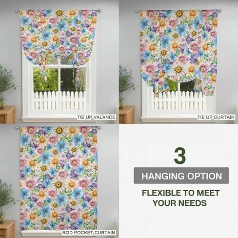 Spring Flowers Tie Up Curtains for Window, Watercolor Floral Daisy Plants Country Thermal Insulated Balloon Shade Adjustable Rod Pocket Curtains Valance Panels for Kitchen Bathroom Café 52'' x 63'' in Saudi Arabia