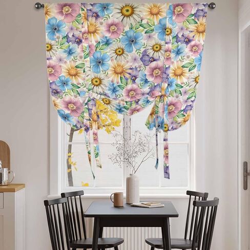 Spring Flowers Tie Up Curtains for Window, Watercolor Floral Daisy Plants Country Thermal Insulated Balloon Shade Adjustable Rod Pocket Curtains Valance Panels for Kitchen Bathroom Café 52'' x 63'' in Saudi Arabia