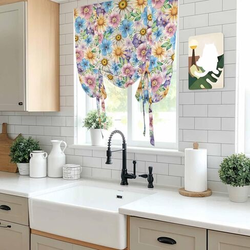 Spring Flowers Tie Up Curtains for Window, Watercolor Floral Daisy Plants Country Thermal Insulated Balloon Shade Adjustable Rod Pocket Curtains Valance Panels for Kitchen Bathroom Café 52'' x 63'' in Saudi Arabia