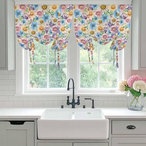 Spring Flowers Tie Up Curtains for Window, Watercolor Floral Daisy Plants Country Thermal Insulated Balloon Shade Adjustable Rod Pocket Curtains Valance Panels for Kitchen Bathroom Café 52'' x 63'' in Saudi Arabia