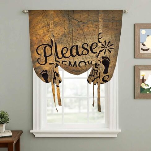 Please Remove Your Shoes Tie Up Curtains for Window, Farmhouse Brown Wooden Grain Thermal Insulated Balloon Shade Adjustable Rod Pocket Curtains Valance Panels for Kitchen Bathroom Café 52'' x 45'' in Saudi Arabia