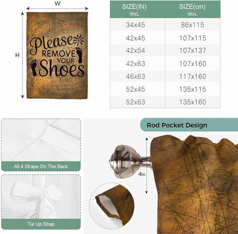 Please Remove Your Shoes Tie Up Curtains for Window, Farmhouse Brown Wooden Grain Thermal Insulated Balloon Shade Adjustable Rod Pocket Curtains Valance Panels for Kitchen Bathroom Café 52'' x 45'' in Saudi Arabia