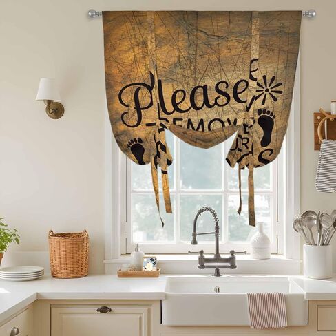 Please Remove Your Shoes Tie Up Curtains for Window, Farmhouse Brown Wooden Grain Thermal Insulated Balloon Shade Adjustable Rod Pocket Curtains Valance Panels for Kitchen Bathroom Café 52'' x 45'' in Saudi Arabia