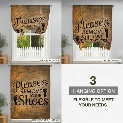 Please Remove Your Shoes Tie Up Curtains for Window, Farmhouse Brown Wooden Grain Thermal Insulated Balloon Shade Adjustable Rod Pocket Curtains Valance Panels for Kitchen Bathroom Café 52'' x 45'' in Saudi Arabia