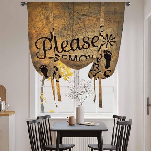 Please Remove Your Shoes Tie Up Curtains for Window, Farmhouse Brown Wooden Grain Thermal Insulated Balloon Shade Adjustable Rod Pocket Curtains Valance Panels for Kitchen Bathroom Café 52'' x 45'' in Saudi Arabia