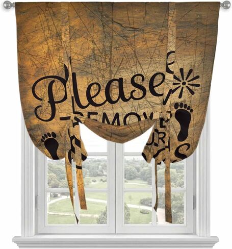Please Remove Your Shoes Tie Up Curtains for Window, Farmhouse Brown Wooden Grain Thermal Insulated Balloon Shade Adjustable Rod Pocket Curtains Valance Panels for Kitchen Bathroom Café 52'' x 45'' in Saudi Arabia