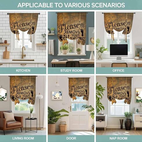 Please Remove Your Shoes Tie Up Curtains for Window, Farmhouse Brown Wooden Grain Thermal Insulated Balloon Shade Adjustable Rod Pocket Curtains Valance Panels for Kitchen Bathroom Café 52'' x 45'' in Saudi Arabia