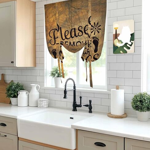 Please Remove Your Shoes Tie Up Curtains for Window, Farmhouse Brown Wooden Grain Thermal Insulated Balloon Shade Adjustable Rod Pocket Curtains Valance Panels for Kitchen Bathroom Café 52'' x 45'' in Saudi Arabia