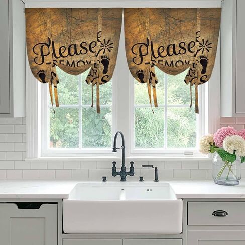 Please Remove Your Shoes Tie Up Curtains for Window, Farmhouse Brown Wooden Grain Thermal Insulated Balloon Shade Adjustable Rod Pocket Curtains Valance Panels for Kitchen Bathroom Café 52'' x 45'' in Saudi Arabia