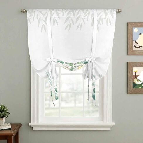Spring White Floral Tie Up Curtains for Window, Summer Eucalyptus Leaves Pastoral Thermal Insulated Balloon Shade Adjustable Rod Pocket Curtains Valance Panels for Kitchen Bathroom Café 42'' x 54'' in Saudi Arabia