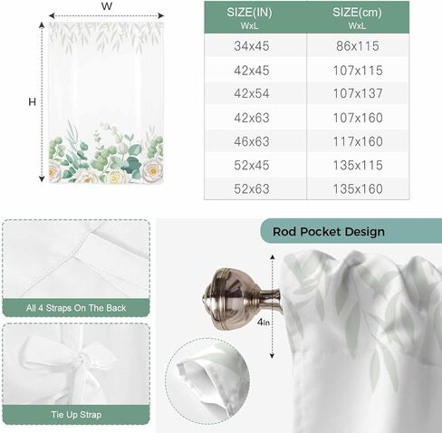 Spring White Floral Tie Up Curtains for Window, Summer Eucalyptus Leaves Pastoral Thermal Insulated Balloon Shade Adjustable Rod Pocket Curtains Valance Panels for Kitchen Bathroom Café 42'' x 54'' in Saudi Arabia