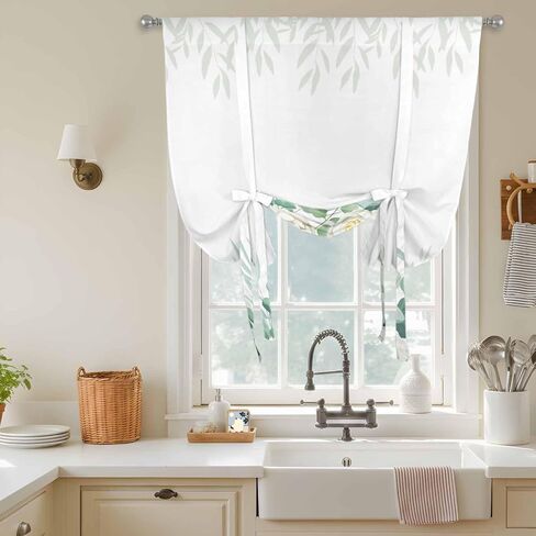 Spring White Floral Tie Up Curtains for Window, Summer Eucalyptus Leaves Pastoral Thermal Insulated Balloon Shade Adjustable Rod Pocket Curtains Valance Panels for Kitchen Bathroom Café 42'' x 54'' in Saudi Arabia