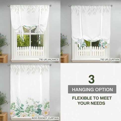 Spring White Floral Tie Up Curtains for Window, Summer Eucalyptus Leaves Pastoral Thermal Insulated Balloon Shade Adjustable Rod Pocket Curtains Valance Panels for Kitchen Bathroom Café 42'' x 54'' in Saudi Arabia