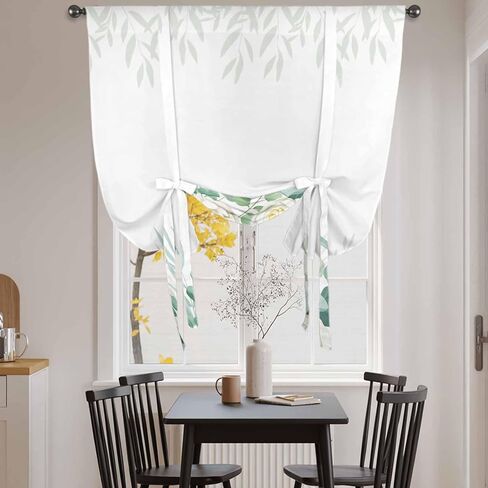 Spring White Floral Tie Up Curtains for Window, Summer Eucalyptus Leaves Pastoral Thermal Insulated Balloon Shade Adjustable Rod Pocket Curtains Valance Panels for Kitchen Bathroom Café 42'' x 54'' in Saudi Arabia