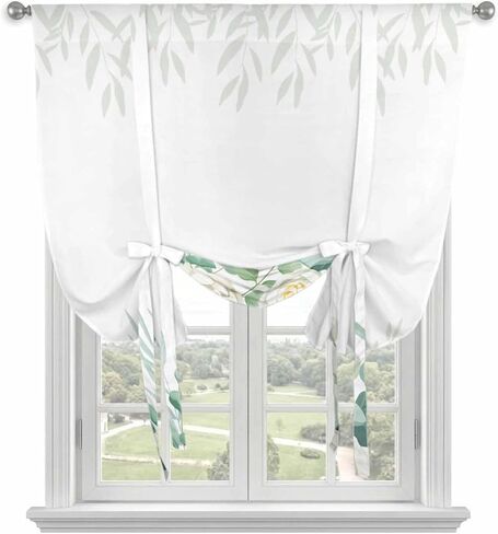 Spring White Floral Tie Up Curtains for Window, Summer Eucalyptus Leaves Pastoral Thermal Insulated Balloon Shade Adjustable Rod Pocket Curtains Valance Panels for Kitchen Bathroom Café 42'' x 54'' in Saudi Arabia