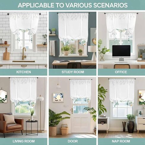 Spring White Floral Tie Up Curtains for Window, Summer Eucalyptus Leaves Pastoral Thermal Insulated Balloon Shade Adjustable Rod Pocket Curtains Valance Panels for Kitchen Bathroom Café 42'' x 54'' in Saudi Arabia