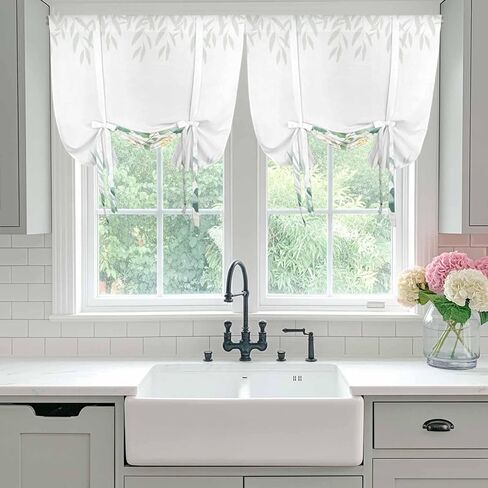 Spring White Floral Tie Up Curtains for Window, Summer Eucalyptus Leaves Pastoral Thermal Insulated Balloon Shade Adjustable Rod Pocket Curtains Valance Panels for Kitchen Bathroom Café 42'' x 54'' in Saudi Arabia