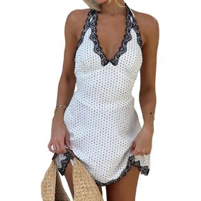 Women Sexy Polka Dot Lace Trim Halter Mini Dress Vintage Backless Tie A-Line Short Dress Cocktail Party Dresses in Kuwait