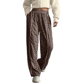 بنطال رياضي نسائي بأرجل واسعة وألوان متباينة وطباعة جلد الفهد وخصر مطاطي كاجوال للركض مع جيوب in Kuwait