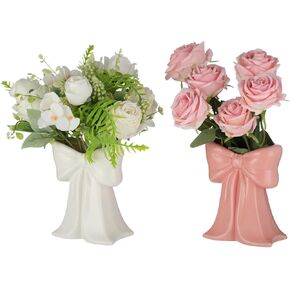 2 PCS Pink Bow Ceramic Vases, Coquette Bud Vase Set in Pink and White, Small Centerpiece Table Decor, Cute Ribbon Design for Flowers, Makeup Brush or Pen Holder, Home Office Wedding in Kuwait