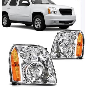 قطعتان من مجموعة المصابيح الأمامية لسيارة جي إم سي يوكون 2007-2014 لسيارة جي إم سي يوكون XL 1500 2007-2014 لسيارة جي إم سي يوكون XL 2500 2007-2013 غطاء كروم كهرماني عاكس عدسة شفافة استبدال 15861025 - المصابيح غير متضمنة in Kuwait