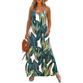 Bluetime Women Summer Spaghetti Strap Maxi Dress V-Neck Sleeveless Flowy Boho Floral Beach Long Dress with Pockets in Kuwait