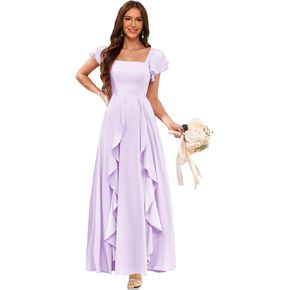 Clothfun Women's Short Sleeve Bridesmaid Dresses with Pockets Long Slit A-Line Pleated Chiffon Formal Evening Gowns CYN023 in Kuwait