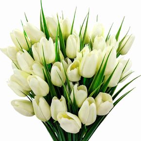 Artificial Tulips Fake Flowers Outdoor UV Resistant 4 Bundles 40 Heads Silk Tulip Faux Plastic Greenery Plants Flower for Home Outside Garden Porch Window Planters Decor (White) in Kuwait